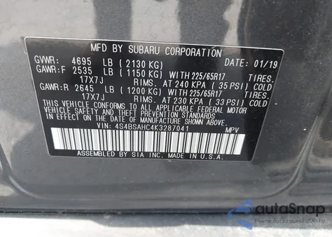 2019 Subaru Outback 2.5I Premium from USA, damaged, VIN 4S4BSAHC4K3287041
